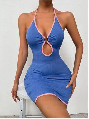 Shein Blue Ribbed Pink Contrast Trim Halter O Ring Keyhole Bodycon Mini Dress